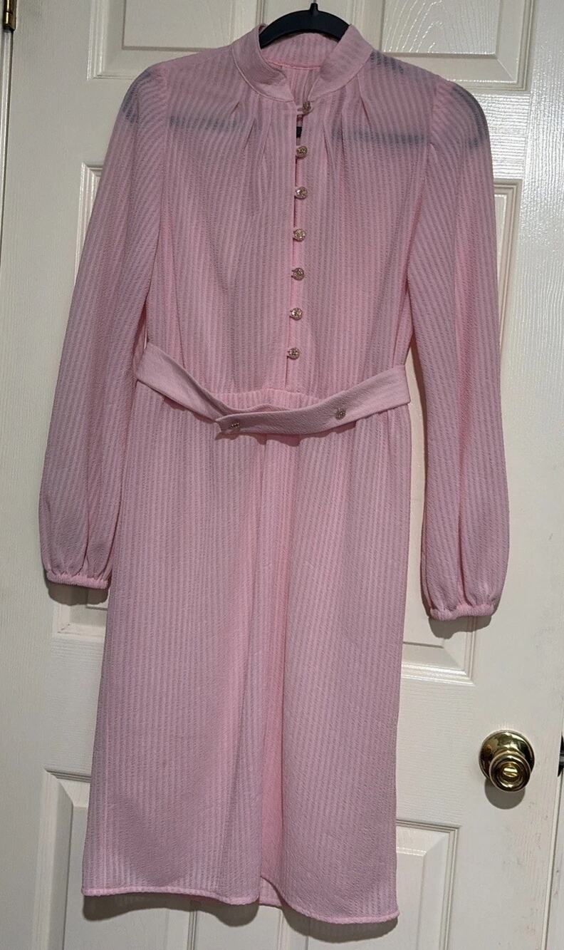Vintage 70s handmade pink Dress Poliester With Clear Gold Buttons